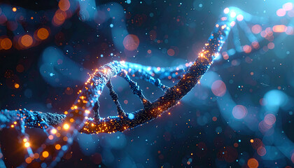 DNA helix glowing: A striking view of a luminous DNA helix, its double helix structure lit by brilliant, glowing particles. This image represents the complex beauty of genetic structures