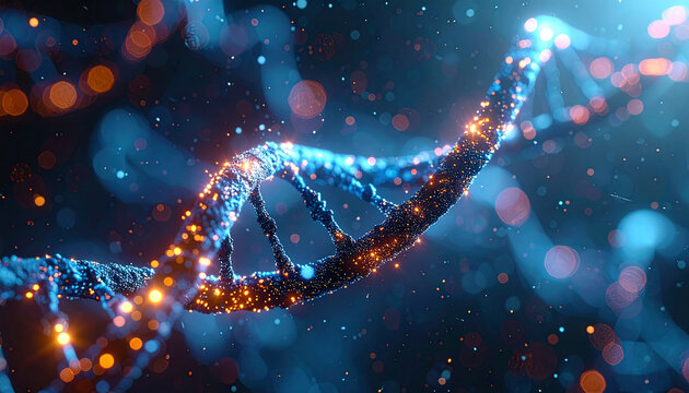 DNA helix glowing: A striking view of a luminous DNA helix, its double helix structure lit by brilliant, glowing particles. This image represents the complex beauty of genetic structures