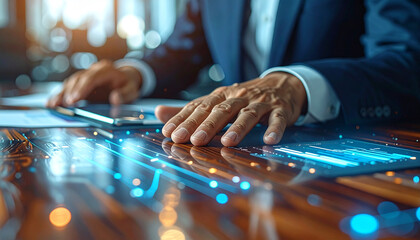 Focused Precision: A businessperson's hands rest decisively on a digital tablet, immersed in intricate data analysis, capturing the essence of modern business strategy.