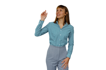 Businesswoman having creative idea, pointing up with finger, smiling, looking inspired, transparent isolated background