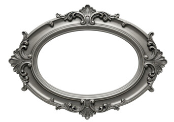 Isolated antique silver picture frame is ornate and oval shaped for a wall decoration
