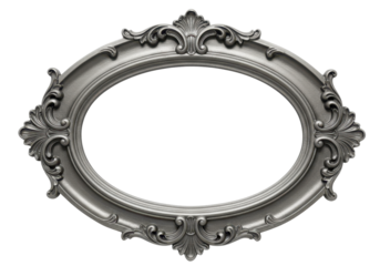 Isolated antique silver picture frame is ornate and oval shaped for a wall decoration