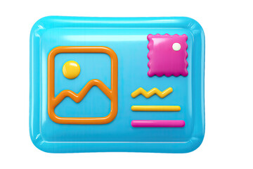 Vibrant 3D glossy illustration of a blue UI card, showcasing a stylized orange landscape picture icon, a whimsical pink wavy stamp element, and colorful horizontal lines. Perfect for modern digital de