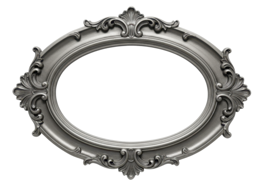 Isolated antique silver picture frame is ornate and oval shaped for a wall decoration - Powered by Adobe