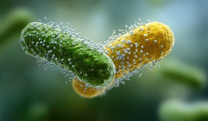 Close-up of two bacteria, one green and one yellow, covered in tiny particles