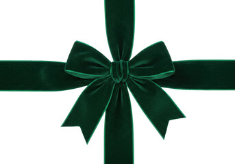 Isolated deep-green velvet ribbon bow, decorative holiday gift package wrap embellishment