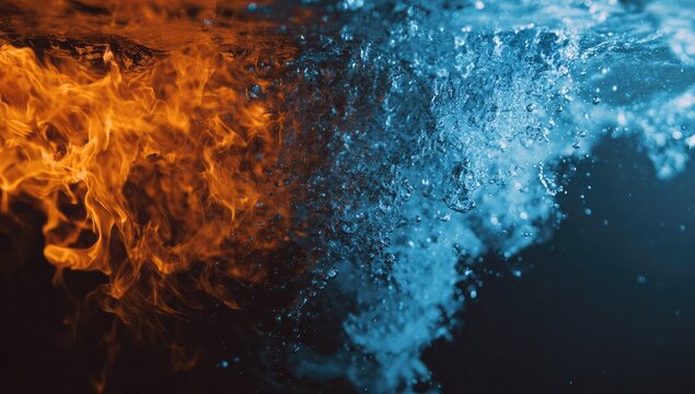 Abstract juxtaposition of fiery orange and cool blue, suggesting duality and contrasts