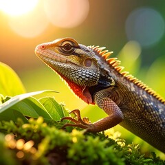 Obraz premium A close-up shot showcases a lizard perched on moss-covered greenery with the warm glow of sunlight illuminating it, highlighting details
