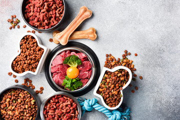 Dry pet food with natural ingredients. Raw meat in a bowl for pets. A set of different fodder and...