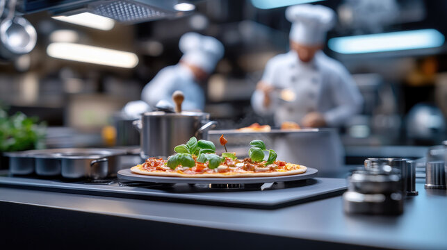 Miniature chefs preparing tiny gourmet pizza in professional kitchen, highlighting precision cooking and culinary artistry on a small scale