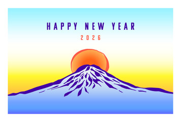 「HAPPY NEW YEAR」筆で描いた山と新年のメッセージ／年賀状テンプレート. "HAPPY NEW YEAR" Brush-drawn mountain and New Year's message / New Year's card template / Mid-winter greeting card template