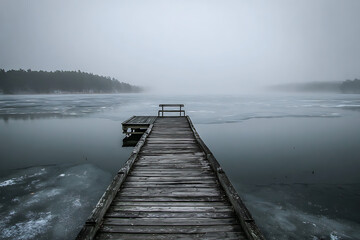 Naklejka premium Serene wooden pier with bench leading to misty, frozen lake creating a peaceful, contemplative winter landscape scene
