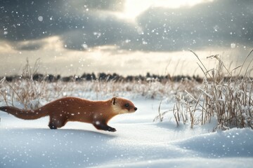 Weasel Walking Across Snowy Field with Winter Grasses and Cloudy Sky.