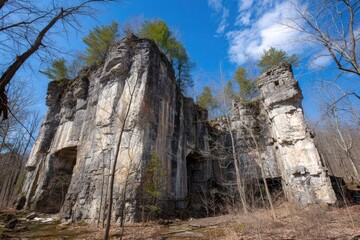 Large, weathered stone structure in woods, with trees on top, blue sky above