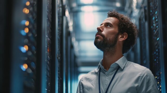 Focused medium shot of an IT specialist monitoring server performance through AIpowered alert systems emphasizing proactive automated maintenance in a data center. - Powered by Adobe