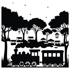 Fototapeta premium Forest Train Silhouette Whimsical Night Landscape Vector with Lanterns and Cabins