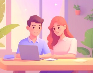 Young couple collaborating on a laptop at a bright table with plants