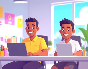 Two smiling young black men working together on laptops in a bright modern office