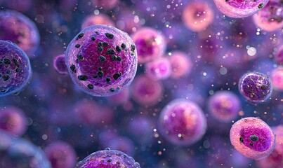 Microscopic close-up of spherical purple cells with darker spots floating in a fluid