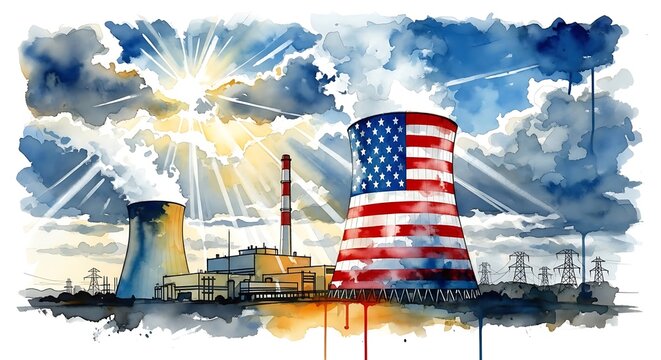 Patriotic power plant with American flag design creating energy for the nation in a watercolor style