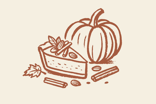 pumpkin pie slice with cinnamon sticks  hand drawn vector illustration