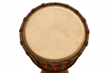 Djembe drum with natural leather top creating african rhythmic music, isolated on transparent background
