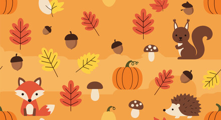 Seamless vector pattern of autumn leaves, acorns, mushrooms, and pinecones in warm seasonal tones, perfect for fall backgrounds, packaging, and holiday designs
