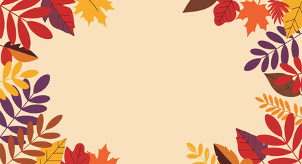 Flat vector illustration of an autumn leaf border with vibrant seasonal foliage and copy space, perfect for fall invitations, greeting cards, and Thanksgiving designs