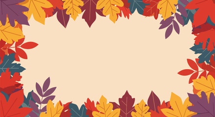 Flat vector illustration of an autumn leaf border with vibrant seasonal foliage and copy space, perfect for fall invitations, greeting cards, and Thanksgiving designs