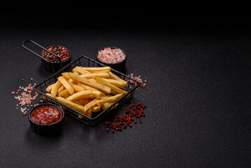 French fries are salty, crispy, and fried in oil, unhealthy takeaway food. French fries