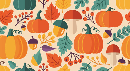 Flat vector illustration of autumn elements including pumpkins, acorns, mushrooms, berries, and colorful leaves, perfect for seasonal design, crafts, and fall-themed projects