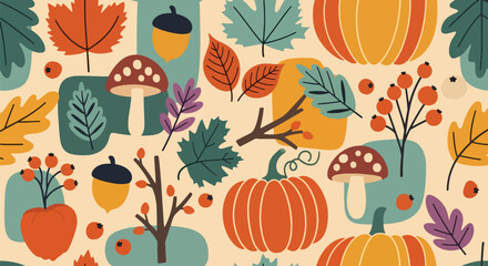 Flat vector illustration of autumn elements including pumpkins, acorns, mushrooms, berries, and colorful leaves, perfect for seasonal design, crafts, and fall-themed projects