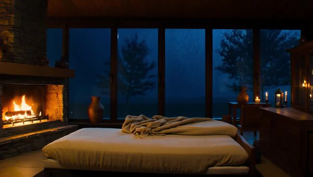 Cozy Cabin Fireplace on a Rainy Night | Warm Rustic Interior with Rain on Windows | Relaxing Ambient Scene