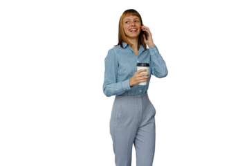 Woman freelancer holding coffee cup, having a phone call and smiling, working remotely, transparent background