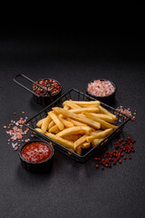 French fries are salty, crispy, and fried in oil, unhealthy takeaway food. French fries