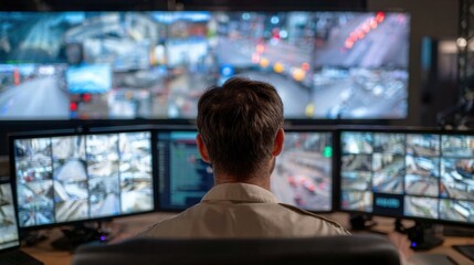 Medium shot of a security professional analyzing multiple CCTV camera feeds on monitors in a hightech remote monitoring center.