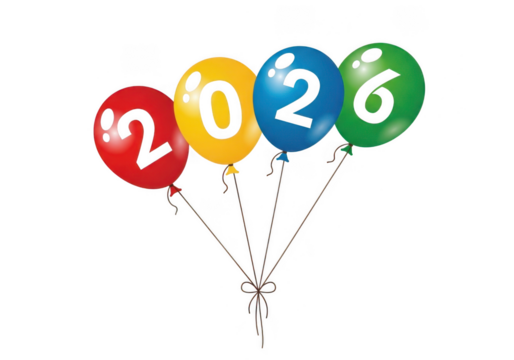 Four colorful balloons with numbers 2026, isolated on transparent background - Powered by Adobe