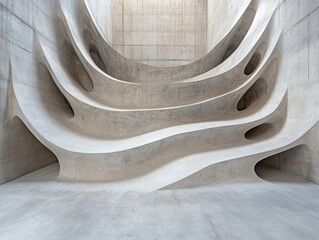 Stairs are streamlined from stones, abstract form of architecture, gray wall and sky. Generative AI