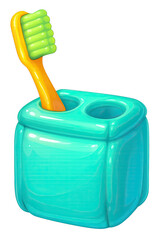 Vibrant, glossy illustration of an orange toothbrush with bright green bristles, placed in a shiny turquoise two-slot holder. This modern, glowing image emphasizes dental hygiene, oral care, and bathr