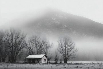 Mysterious foggy landscape with a solitary rustic cabin and bare trees evoking solitude and quiet reflection