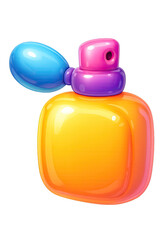 Vibrant and glossy 3D rendered illustration of a perfume bottle, featuring a radiant orange body, a chic purple pump, and a bright blue squeeze-bulb atomizer, set against a dark, glowing gradient back