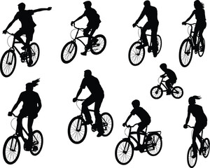 Fototapeta premium Cyclists performing stunts and riding bicycles silhouette vector illustration, people doing BMX tricks, outdoor cycling and extreme sports lifestyle concept