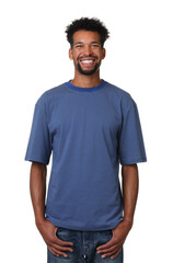 Fototapeta premium Man wearing blue t-shirt on white background. Mockup for design