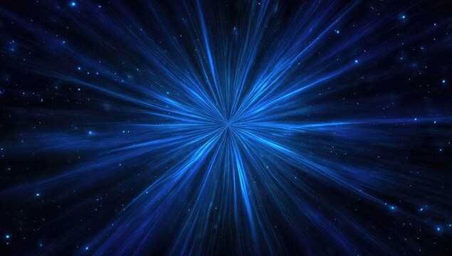 A blue burst of light emanates from a central point, surrounded by a starry field