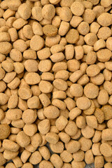 Top view. Pet Food Texture. Lot of Dry Granules of Crunchy Dog or Cat Food. Close up.