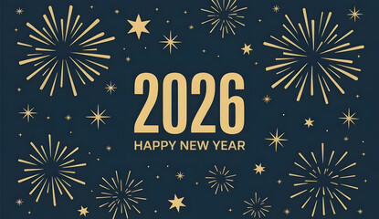 Happy New Year 2026 Celebration with Golden Fireworks on a Dark Blue Background