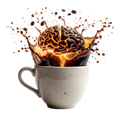 Energized brain splashing out of coffee cup, symbolizing idea generation and focus.
