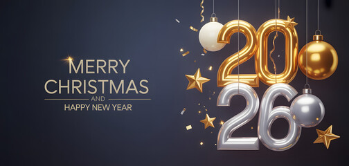 Happy new year 2026. Festive design with Christmas decorations, balls, streamers and garlands