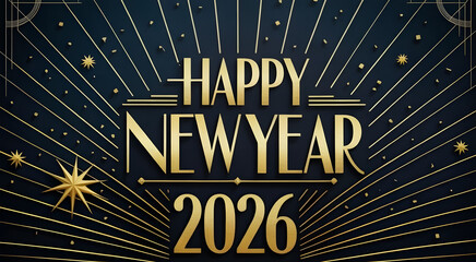 Happy New Year 2026 greeting card in a luxury Art Deco style with gold typography and black background.