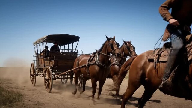 A cowboy on horseback escorts a horse-drawn carriage on a dusty road. Traveling through the American Old West prairie on a sunny day. Historical journey and transportation concept